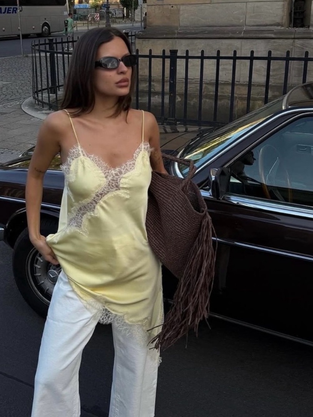 Zara Pale Yellow Lace-Trim Satin Cami Top